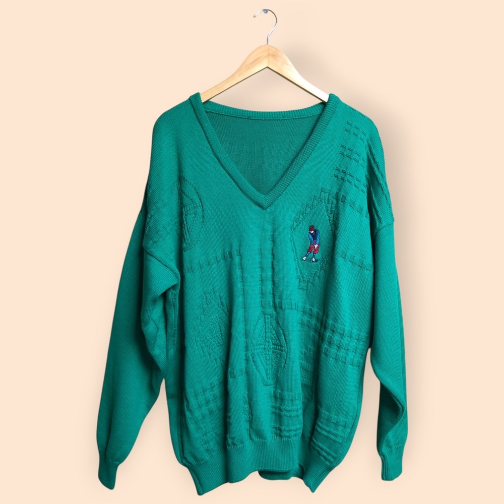 Vintage Oversized Green Knit Grandpa Sweater Embroidered Golf Patch MENS XL